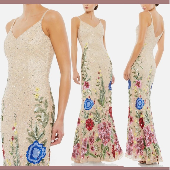 NWT $598 Mac Duggal [ 8 ] Floral Embellished Spaghetti Strap Gown in Nude #G1458